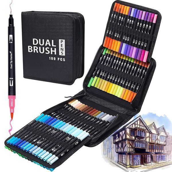 Акварельні маркери двосторонні 100шт у пеналі, Color pencil