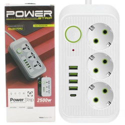 Мережевий фільтр-подовжувач 2м (3х220В+4хUSB+1хType-C), F09U, Білий
