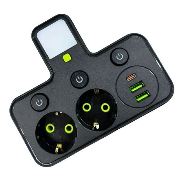 Трійник на 2 розетки з ліхтариком (2×USB) 2500Вт, HG-275