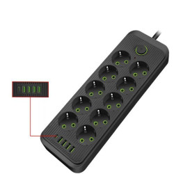 Мережевий фільтр-подовжувач 5м, 10 розеток 220В+4 USB+Type-C, Тк-16, Чорний