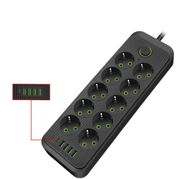 Мережевий фільтр-подовжувач 5м, 10 розеток 220В+4 USB+Type-C, Тк-16, Чорний