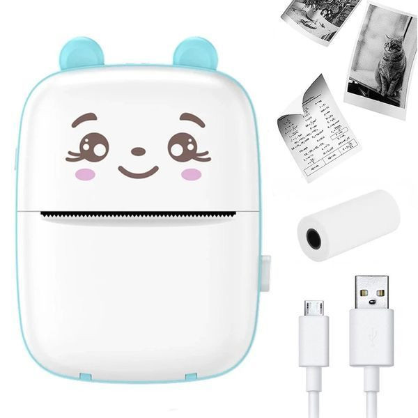 Портативний міні принтер + рулон термопаперу, Блакитний