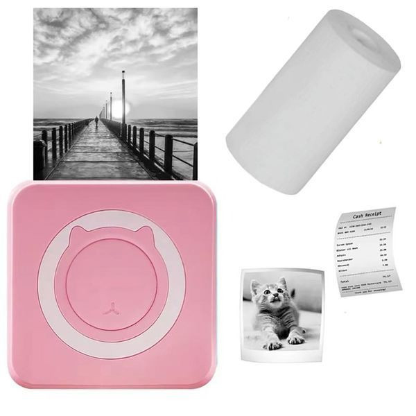 Портативний міні принтер + рулон термопаперу, Рожевий