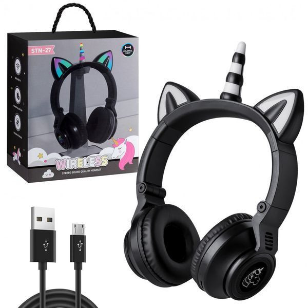 Бездротові навушники LED STN-27 з вушками "Єдиноріг", Чорний