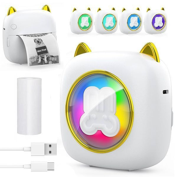 Дитячий міні принтер з RGB підсвічуванням, Bluetooth + 1 рулон паперу