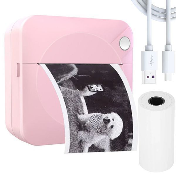 Портативний термопринтер з Bluetooth, від USB + рулон термопаперу, Рожевий