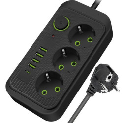 Мережевий фільтр 2м, 3 розетки, 4хUSB, 1хType-C, F09U, Чорний
