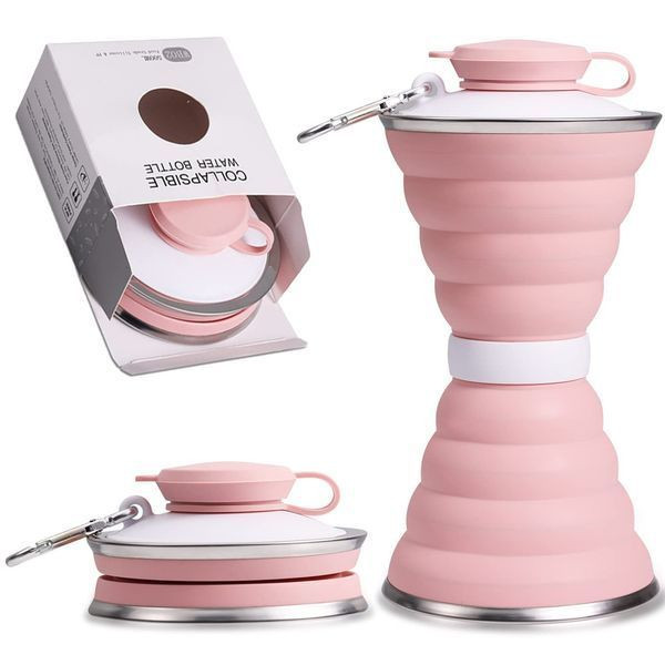 Складна силіконова пляшка 500 мл з карабіном, WB02, Рожева