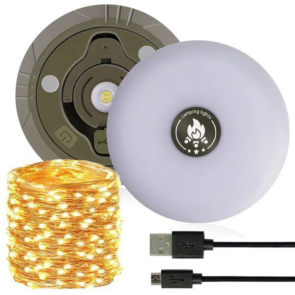 Кемпінговий ліхтар з LED гірляндою 10м, USB, Теплий білий + RGB